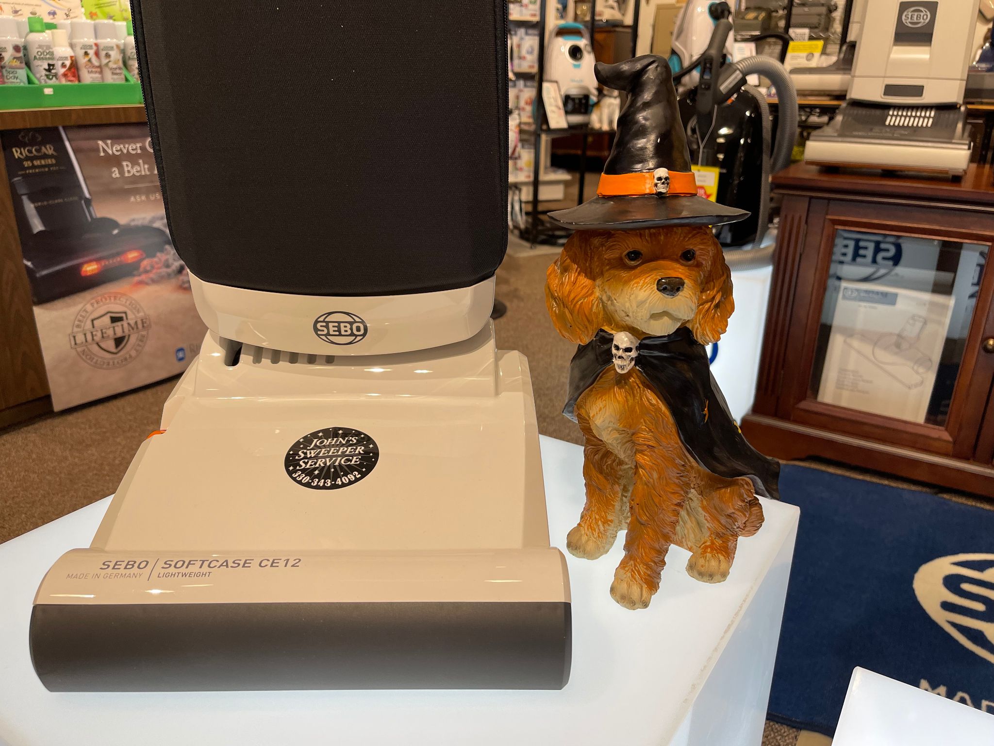 dog in witch outfit next to sebo vacuum
