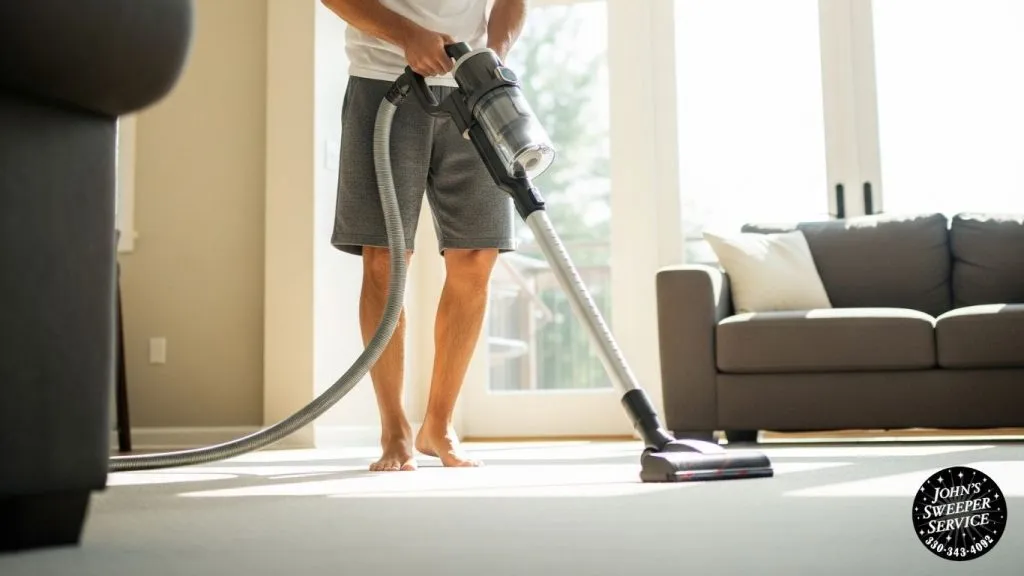 a man using a vacuum cleaner in a living room