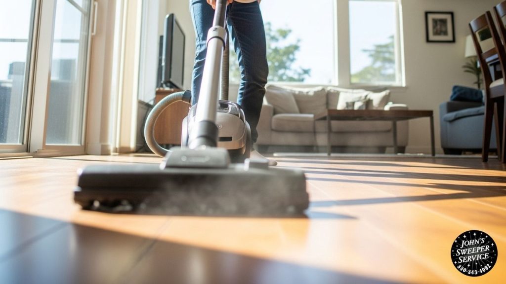 a person cleaning a hardwood floor with a vacuum