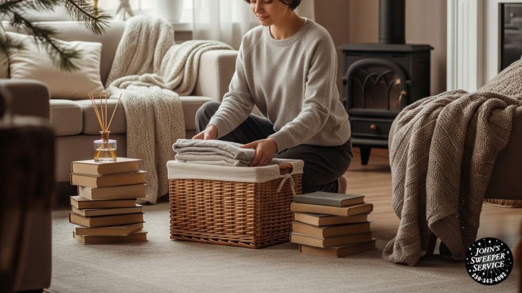 a person sitting in a living room with a basket of books
