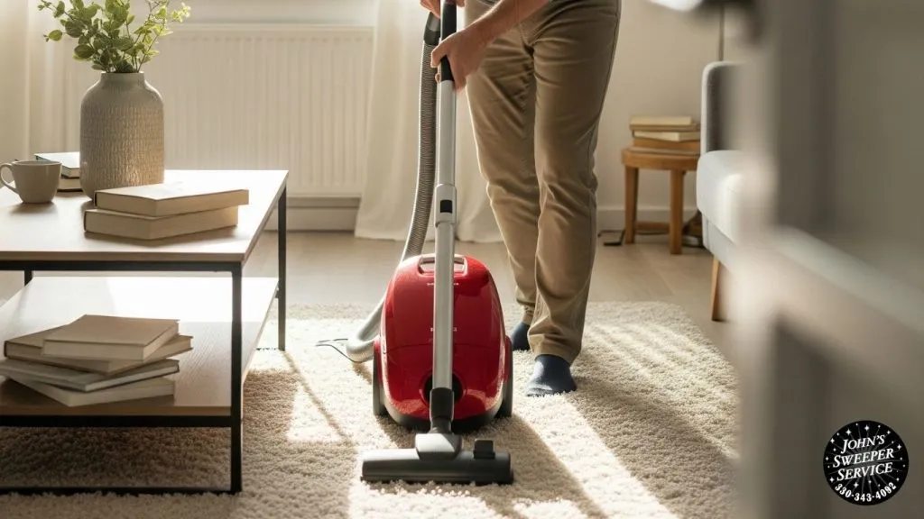 a person using a new vacuum cleaner in a living room