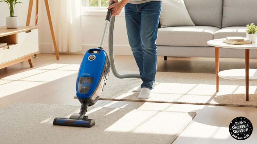 a person using a vacuum cleaner in a living room