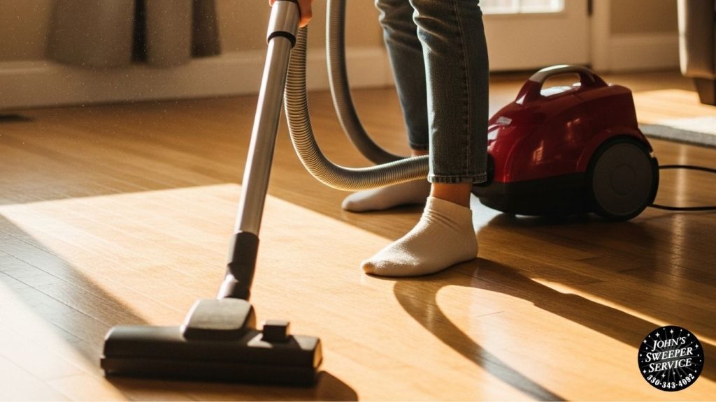 a person using a vacuum cleaner on a hardwood floor