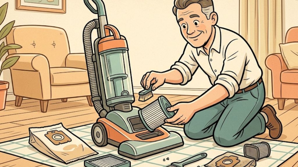 A person kneeling on a checkered rug, cleaning a vacuum cleaner filter with a brush next to spare vacuum bags and filters.