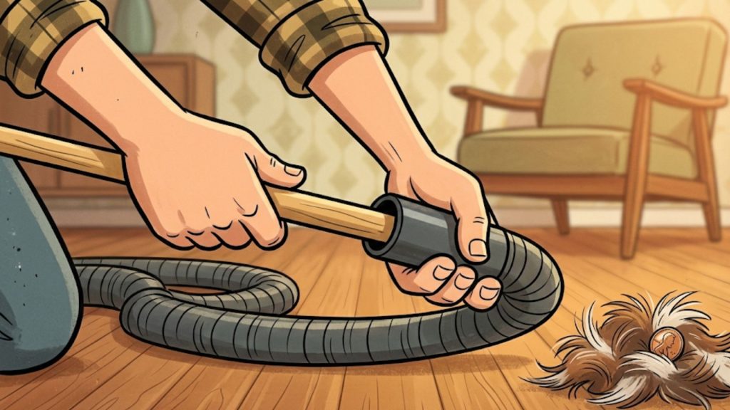 A person vacuuming a nest with an egg in it on a wooden floor.