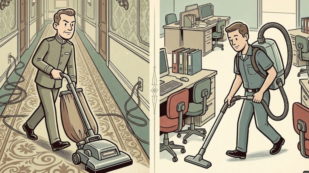 A split image showing a person vacuuming a carpeted hallway with a canister vacuum on the left, and another person vacuuming an office floor with a backpack vacuum on the right.