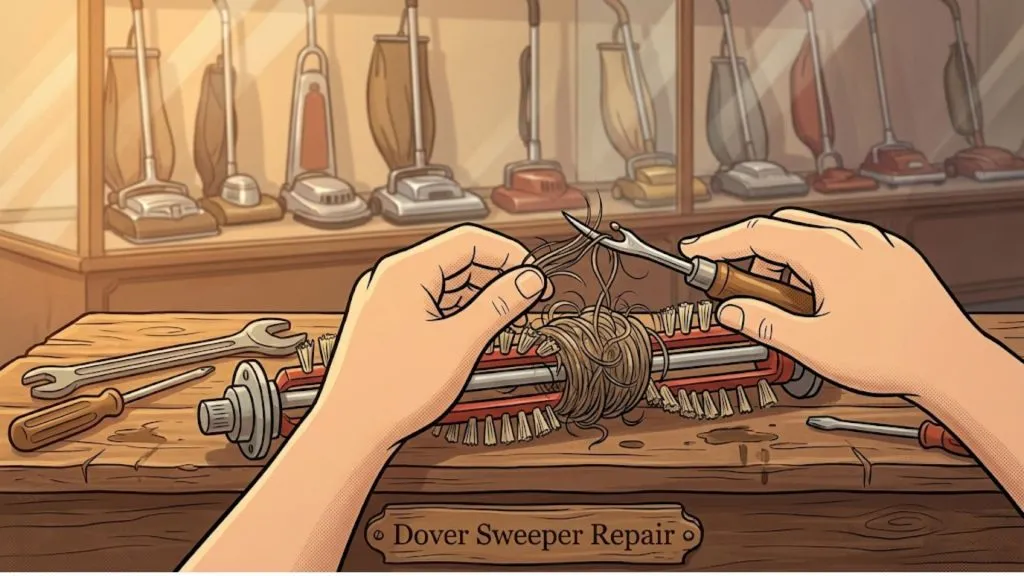 Hands repairing a vacuum cleaner brush roll with a tool, with a collection of vintage vacuum cleaners displayed behind on shelves and a sign that reads Dover Sweeper Repair.