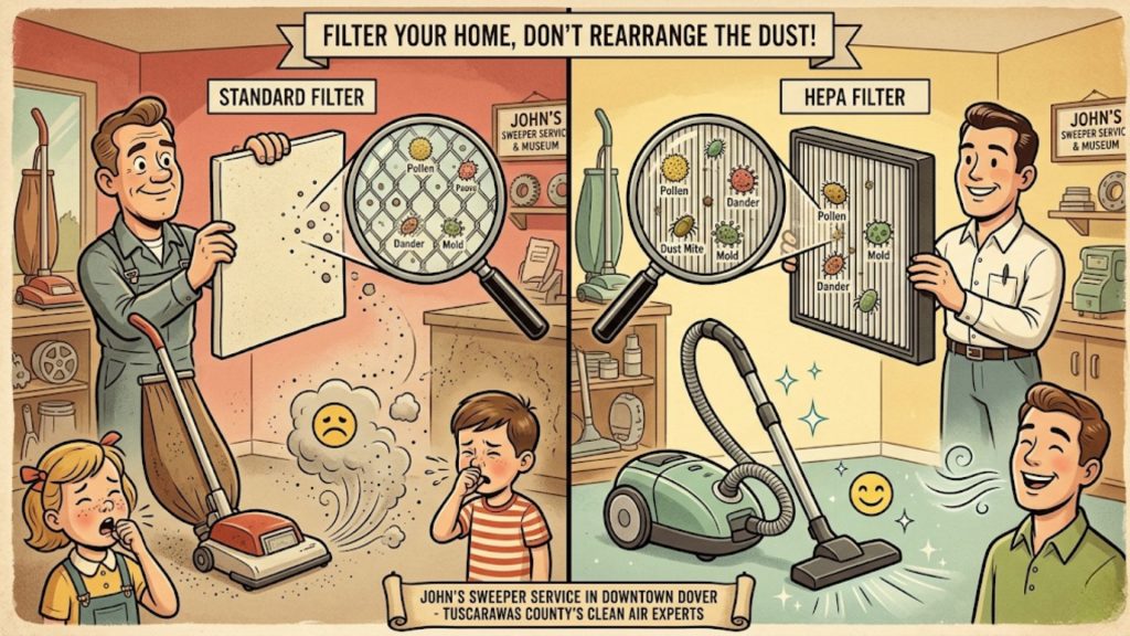Illustration comparing standard and HEPA filters, showing a standard filter allowing dust and microbes to pass through while a HEPA filter captures them