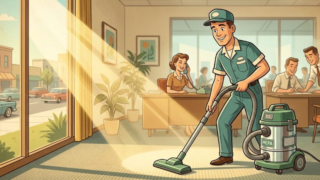 A cleaner in a uniform vacuums an office while people work at desks and look out a large window at a street scene.