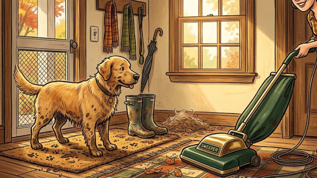 A golden retriever stands on a rug while a person vacuums a pile of leaves and debris on the floor in an entryway with scarves and an umbrella hanging on the wall.