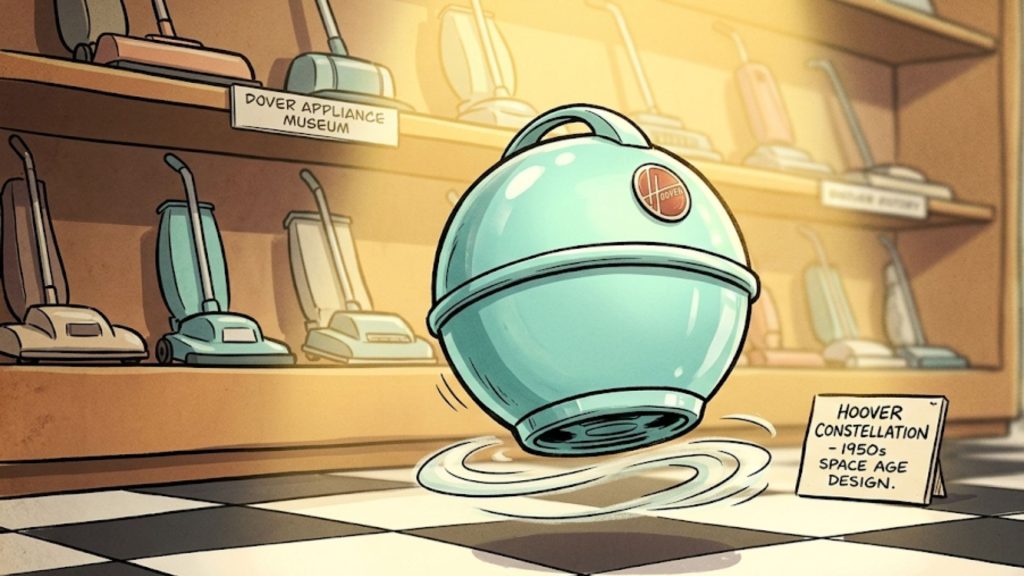 A light blue Hoover Constellation vacuum cleaner from the 1950s with a retro space-age design, displayed in a museum with other vintage vacuum cleaners on shelves.