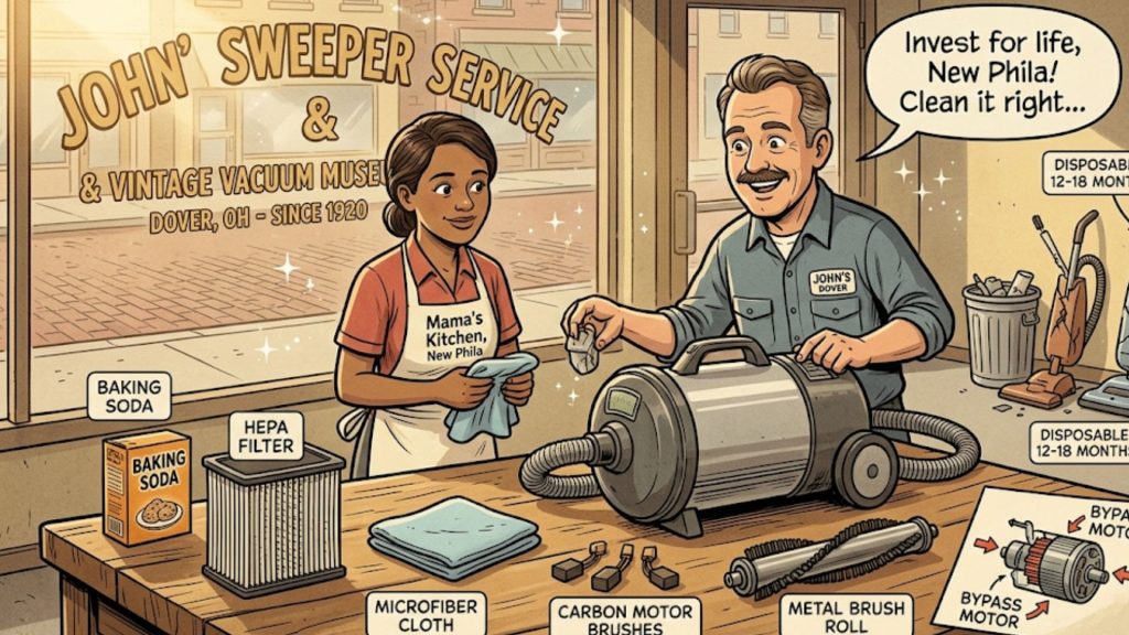 A man and a woman stand behind a table with vacuum cleaner parts, baking soda, and a microfiber cloth, with a vacuum cleaner and a sign for "John Sweeper Service & Vintage Vacuum Museum" in the background.