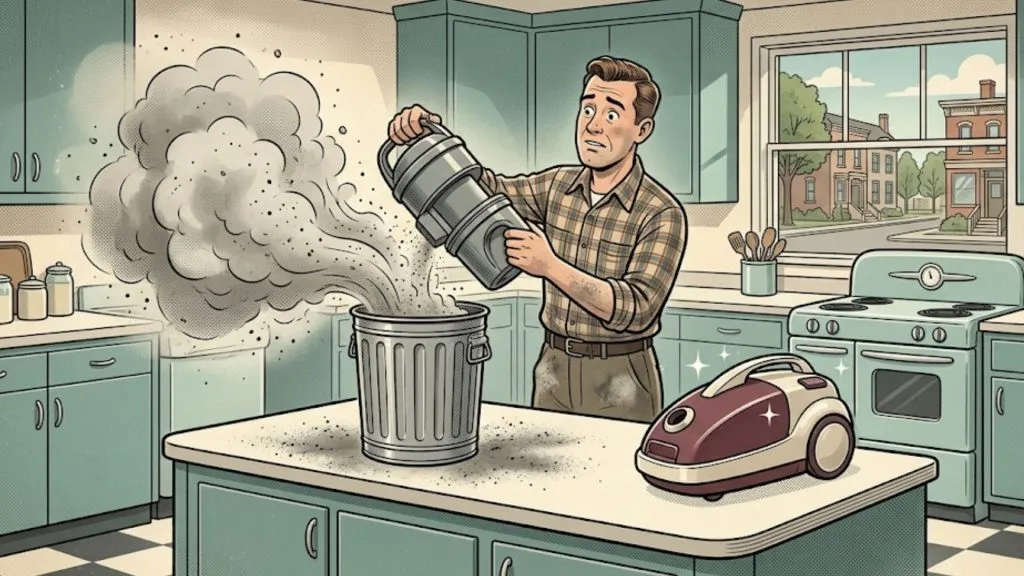 A person empties a dust canister overflowing with smoke into a trash can in a retro kitchen, with a vacuum cleaner on the counter.