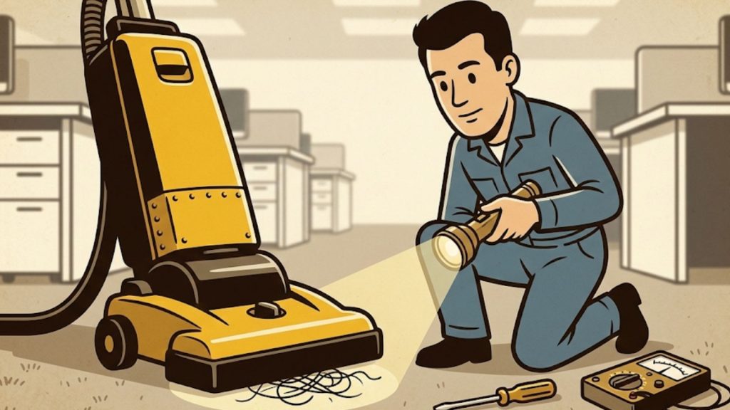 A person in blue overalls kneels with a flashlight, inspecting a yellow vacuum cleaner on a carpeted floor. A screwdriver and a multimeter are nearby in an office setting.