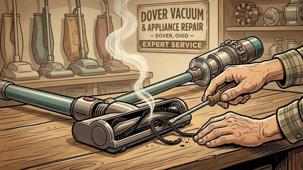 A person repairs a vacuum cleaner on a wooden workbench, with various vintage vacuum cleaners displayed on a shelf in the background and a sign for Dover Vacuum & Appliance Repair.