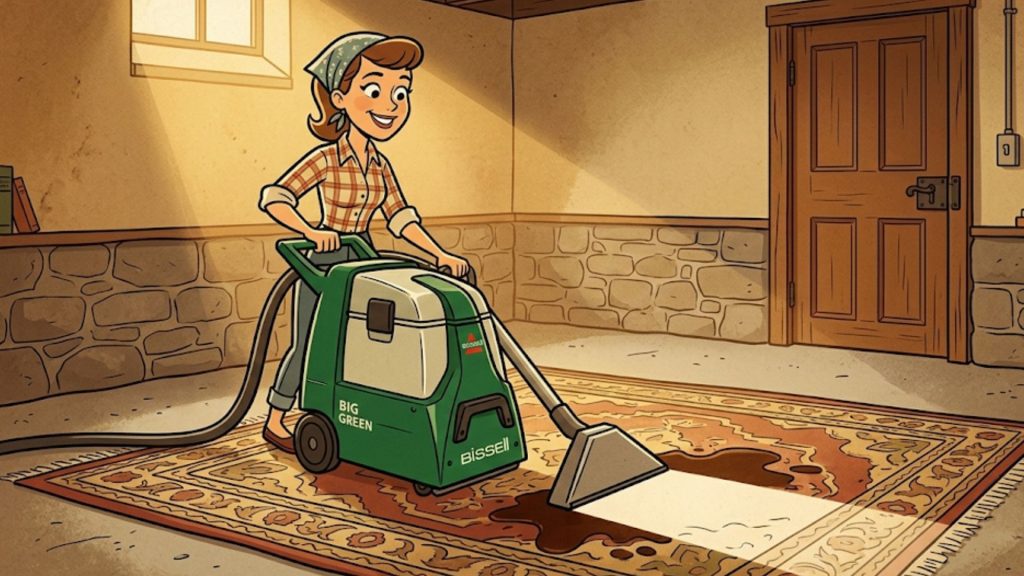 A person uses a green carpet cleaning machine on a patterned rug in a basement with stone walls and a wooden door.