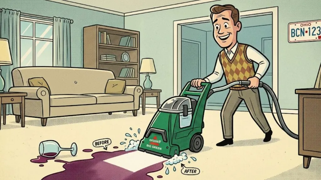 A person uses a rental carpet cleaner to remove a red wine spill from a carpet in a living room.