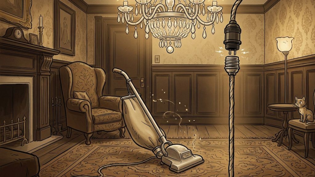 A sepia-toned illustration of a vintage living room with a vacuum cleaner on the rug, a chandelier overhead, and a cat sitting on a chair near a floor lamp that is sparking.