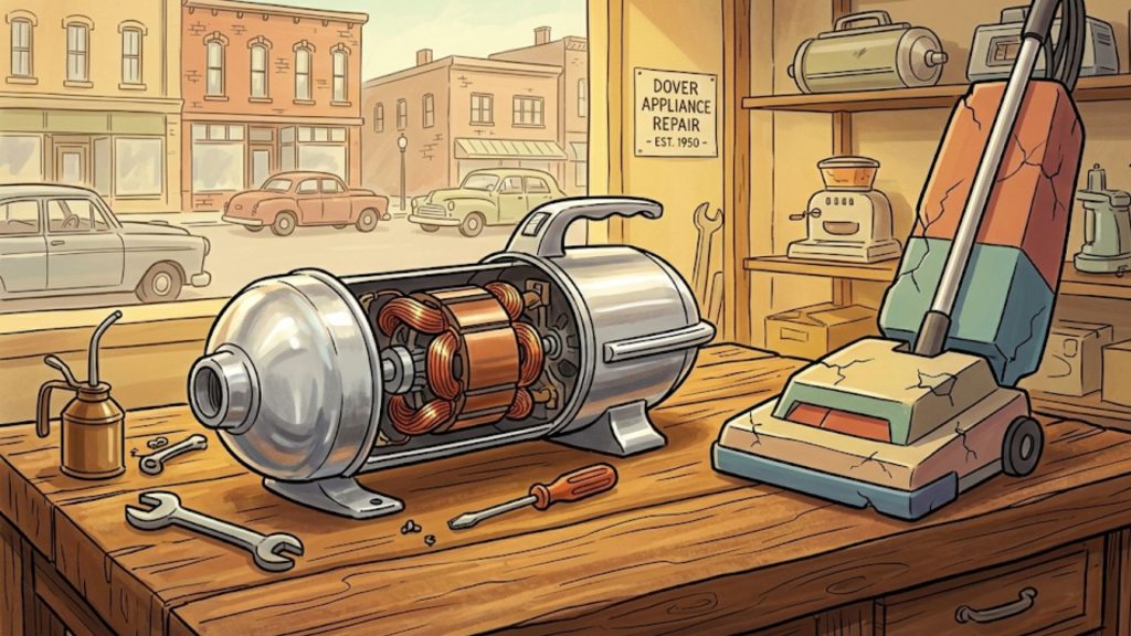 A vintage appliance repair shop with a disassembled electric mixer on a workbench