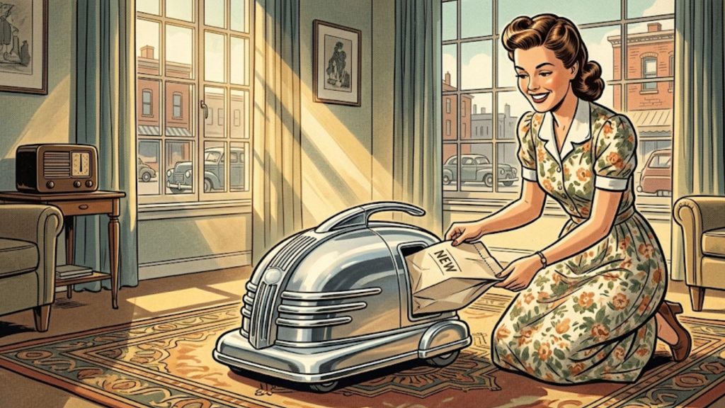 A woman in a floral dress puts a "NEW" bag into a retro silver vacuum cleaner in a sunlit living room.
